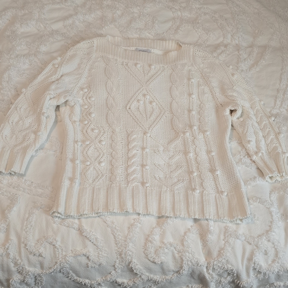 Dressbarn Women's Cream Textured Knit 3/4 Sleeve Sweater, Size L (1204)